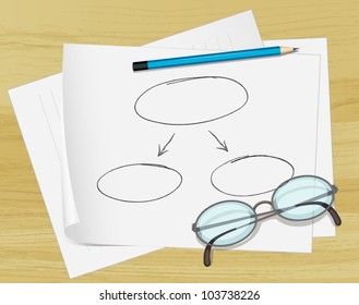 Illustration of glasses, pencil and notes on paper