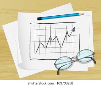 Illustration of glasses, pencil and notes on paper