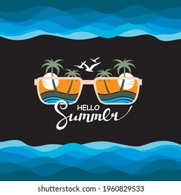 illustration of glasses with summer vacation landscapes isolated on black background