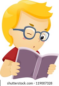 Illustration of a Glasses Wearing Boy Reading a Book