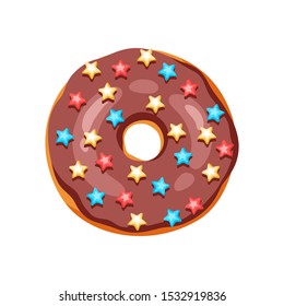 Illustration of glaze donut with sprinkles. Colored sweet pastry.