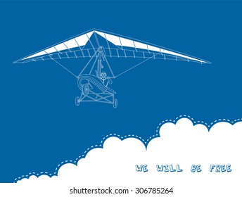 Illustration with glider. Made in vector. Easy recolor. Isolated on a blue background with cloud. You can add a caption for advertising poster design.