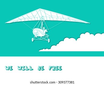 Illustration with glider. Made in vector. Isolated on a blue background with cloud. You can add a caption for advertising poster design. Beautiful image for the promotion of wonderful sport.