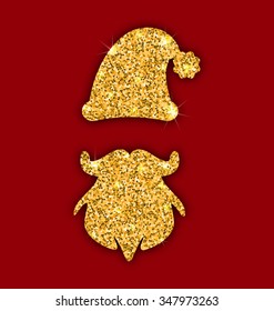 Illustration Glitter Santa's Hat and Beard, Template for Christmas Design, Winter Traditional Element Golden Dust Surface - Vector