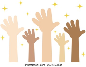 Illustration of glittering stars scattered and hands of various skin colors rising