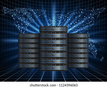 Illustration Of Global Communications With Hree Server Racks, Data Center Icon On Background With World Map, EPS 10 Contains Transparency. 