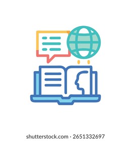 Ilustração do conceito de educação global. Apresenta um livro, laptop, globo e balão de fala em cores brilhantes. Estilo plano e moderno.