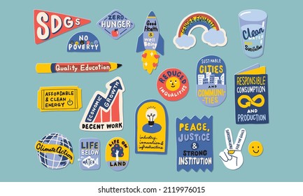 Illustration of The Global Goals concept. Corporate social responsibility. Sustainable Development Goals. SDGs stickers.