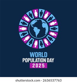 Illustration of global human expansion for world population day 2025 events. World map, people icons forming pie chart.to illustrate global population data. vector illustration