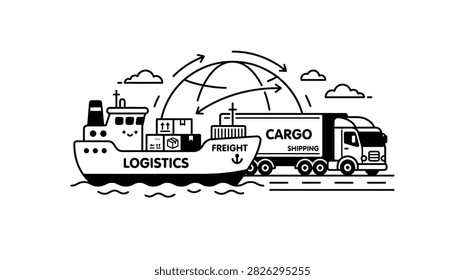Illustration of a global logistics and shipping network with a ship, truck, and globe.