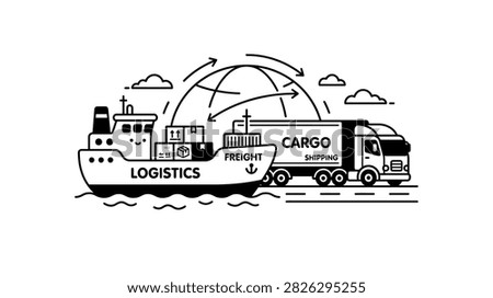 Illustration of a global logistics and shipping network with a ship, truck, and globe.