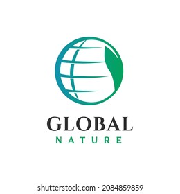 Illustration Global Nature logo design, Combination of Globe with Green Leaf logo design. Modern and Minimal Nature World logo 