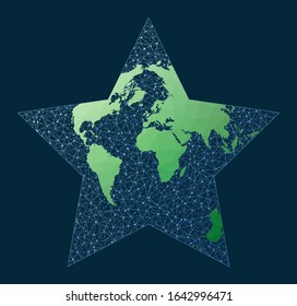 Illustration of a global network. Berghaus projection. Green low poly world map with a network background. Captivating connections map for infographics or presentations. Vector illustration.