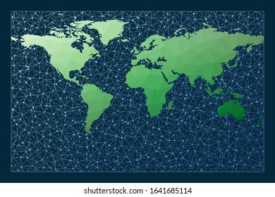 Illustration of global network. Cylindrical Stereographic projection. Green low poly world map with network background. Stylish connections map for infographics or presentation. Vector illustration.