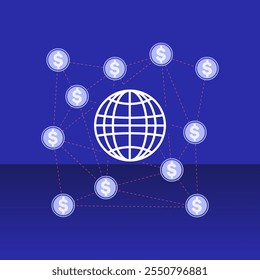 Illustration of a global network with dollar icons linked by lines, symbolizing digital currency, global transactions, and financial connectivity.