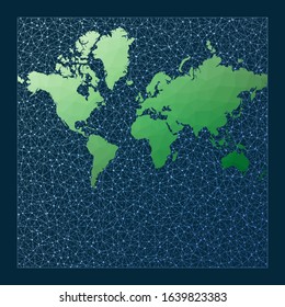 Illustration of a global network. Mercator projection. Green low poly world map with a network background. Modern connections map for infographics or presentations. Vector illustration.