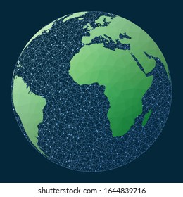 Illustration of global network. Orthographic projection. Green low poly world map with network background. Artistic connections map for infographics or presentation. Vector illustration.