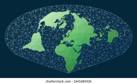 Illustration of global network. Sinusoidal Mollweide projection. Green low poly world map with network background. Creative connections map for infographics or presentation. Vector illustration.