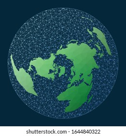 Illustration of a global network. Wiechel projection. Green low poly world map with a network background. Amazing connections map for infographics or presentations. Vector illustration.