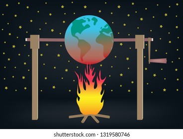 Illustration of global warming. Planet earth roasting over fire.