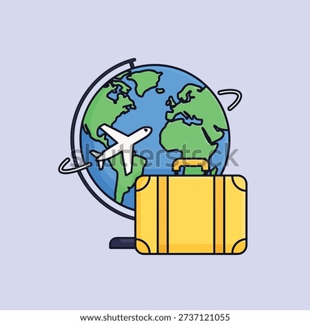 Illustration of a globe with an airplane and a suitcase, symbolizing worldwide travel and exploration.