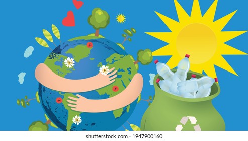 Illustration of globe with arms around with recycling box with plastic bottles on blue. environment, global warming and climate change concept digitally generated image.