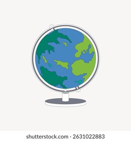 Illustration of a globe with blue oceans and green continents. Simple globe design on a stand. Earth globe showing continents and oceans. Minimalist globe art. Illustration vector.