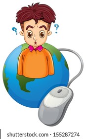 Illustration of a globe with a boy thinking on a white background