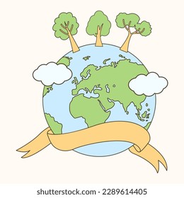 illustration of a globe with decorated ribbons, world earth day.