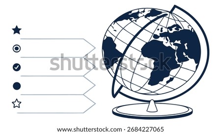 Illustration of a globe featuring detailed world map, highlighting continents and oceans, designed for educational purposes and promoting geographical knowledge