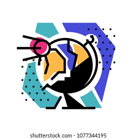 Illustration of a globe. Flat icon, logo. Illustration Planet earth for a site, poster, postcard. Image is isolated on white background. Vector illustration. A flying satellite around the earth.