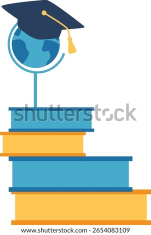 Illustration of globe with graduation cap and stacked books. Great for academic achievement, graduation day, global education, and school presention.