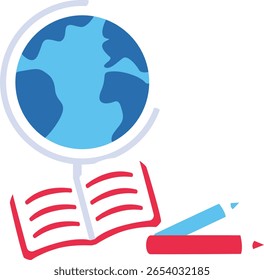 Illustration of globe and open book with pencil. Great for global learning, geography education, or world exploration-themed visuals and resources.
