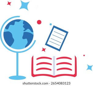 Illustration of a globe and open book with sparkles. Great for global education, geography lessons, school designs, and international learning content.
