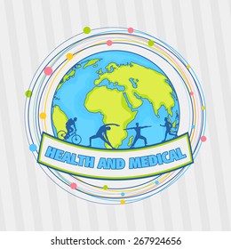 Illustration of globe with people doing excercise to keep fit on grey background for Health and Medical concept.