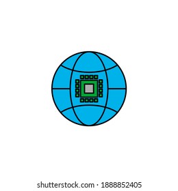 Illustration of globe with processor chipset inside. Network and artificial intelligence icon.