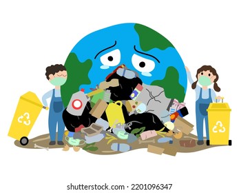 illustration of globe sad with garbage, plastic, pollution and little boy and girl protect and save the world concept.
