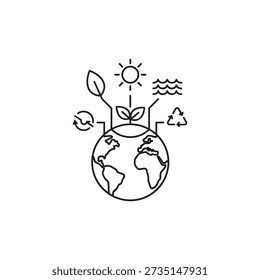 Ilustración de un globo con un brote de olas de sol y símbolos de reciclaje que enfatizan la sostenibilidad y el cuidado del medio ambiente