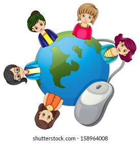Illustration of a globe surrounded with businesswomen on a white background