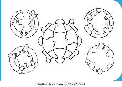 Illustration of a globe surrounded by diverse friends holding hands, symbolizing unity and friendship across the world.