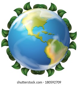 Illustration of a globe surrounded with leaves on a white background