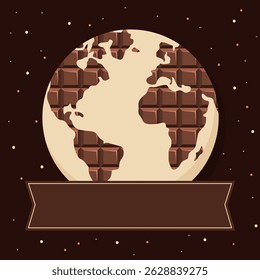 Illustration of a globe textured with chocolate squares, symbolizing indulgence and global connection. A decorative banner is included, perfect for customizable uses.
