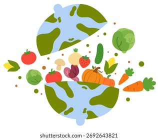 Ilustración de globo con verduras alrededor que simbolizan la dieta ecológica