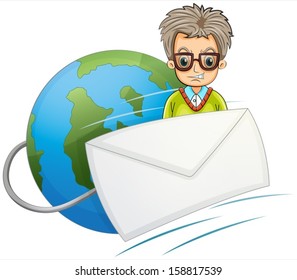 Illustration of a globe with a wired envelope and a man on a white background