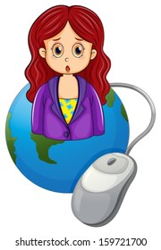 Illustration of a globe with a woman wearing a violet blazer on a white background