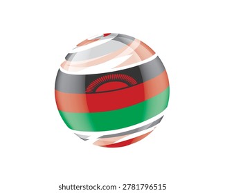 Illustration of globe wrapped in Malawian flag patterns with subtle shadowing
