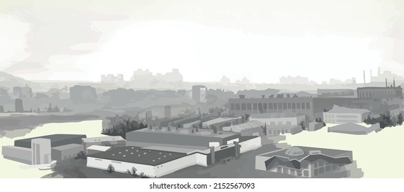 Ilustración de una ciudad pesimista. Niebla en la ciudad. Ilustración del vector