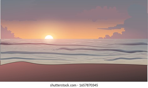 ilustración de la sombría puesta de sol en la playa - vector