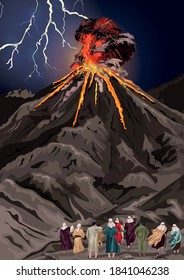 Illustration of the glory of the Lord over Mount Sinai as described in Exodus 19.  Thunder, lightning, thick cloud and fire over the mountain as the ancient Israelites watch on.