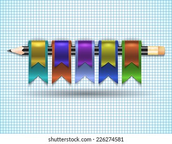 Illustration of glossy web ribbons in various colors and pencil on checked background 